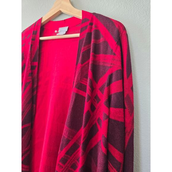 Chico’s Statement Knit Cardigan M – Red Abstract Print Open Front Workwear - Picture 3 of 8